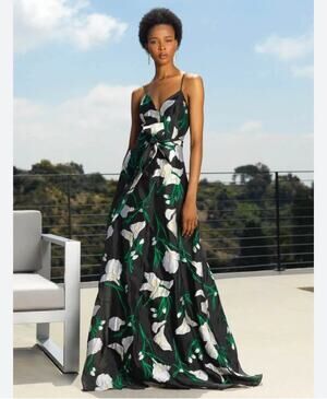 Belle Badgley Mischka Black Brocade Iris Floral Print A-Line Gown